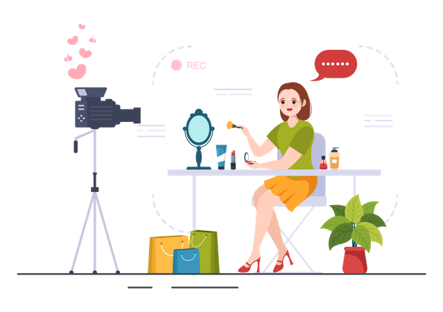Influencer femenina haciendo revisión cosmética  Ilustración