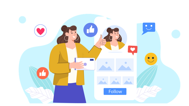 Influencer femenina publica foto en redes sociales  Ilustración