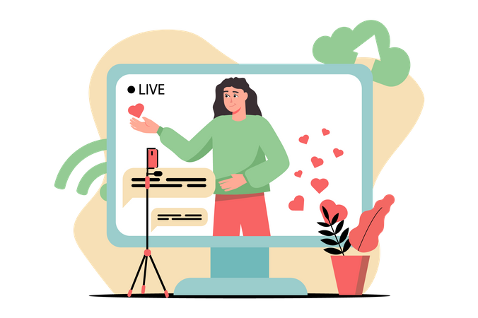 Influencer femenina transmitiendo en vivo online  Ilustración