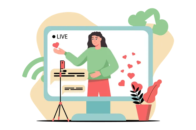 Influencer femenina transmitiendo en vivo online  Ilustración