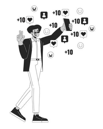 Influencer Man With Phone Followers Likes Black And White 2 D Illustration Concept Hispanic Male Internet Celebrity Cartoon Outline Character Isolated On White Popularity Metaphor Monochrome Vector Illustration