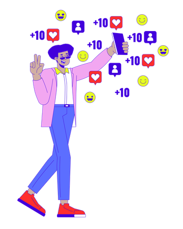 Influencer man with phone followers likes  Illustration