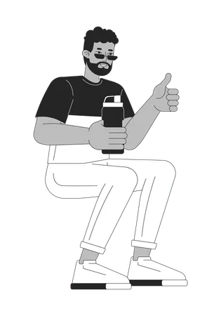 Influencer Man With Water Bottle Reusable Black And White 2 D Line Cartoon Character Black Guy Thumb Up Isolated Vector Outline Person Zero Waste Promotion Monochromatic Flat Spot Illustration Illustration