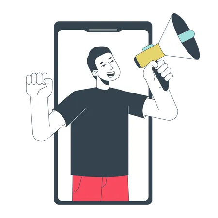 Influencer Marketing Flat Line Concept Vector Spot Illustration Man With Megaphone In Phone 2 D Cartoon Outline Character On White For Web UI Design Announcement Editable Isolated Colorful Hero Image Illustration