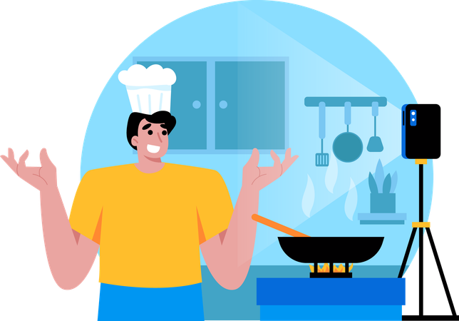 Influencer masculino transmite su propia experiencia cocinando en la cocina  Ilustración