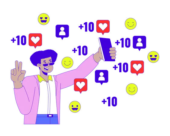Influencer Posing On Phone Camera For Likes 2 D Linear Cartoon Character Stylish Latin American Man Peace Fingers Isolated Line Vector Person White Background Streaming Color Flat Spot Illustration Illustration