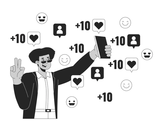 Influencer Posing On Phone Camera For Likes Black And White 2 D Line Cartoon Character Stylish Latino Man Peace Fingers Isolated Vector Outline Person Streaming Monochromatic Flat Spot Illustration Illustration