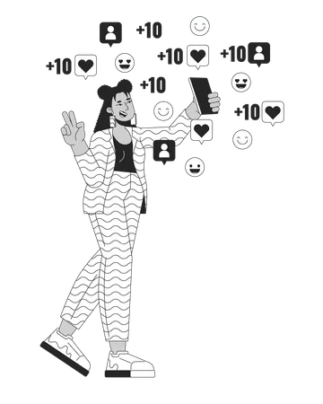 Influencer Selfie Girl Surrounded By Likes Follows Black And White 2 D Illustration Concept Latina Posing With Phone Cartoon Outline Character Isolated On White Popularity Metaphor Monochrome Vector Illustration