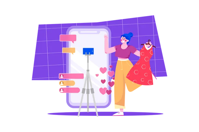 Influencer social haciendo marketing de productos.  Ilustración