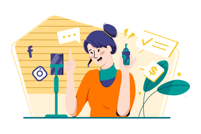 Influencer social haciendo marketing de productos.  Ilustración