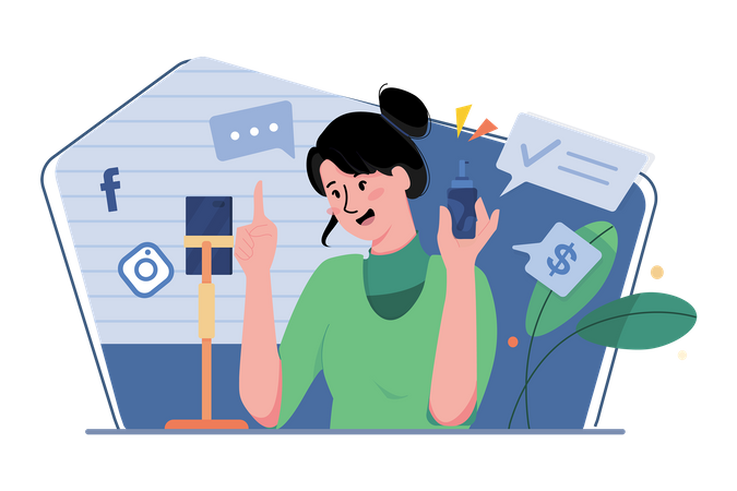 Influencer social haciendo marketing de productos.  Ilustración