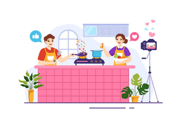 Influenceur enseignant une recette de cuisine  Illustration