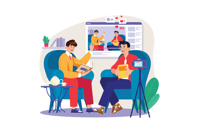 Influenceur masculin des médias sociaux faisant une diffusion en direct  Illustration