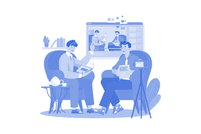 Influenceur masculin des médias sociaux faisant une diffusion en direct  Illustration