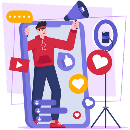 Influenceur masculin faisant du marketing en ligne  Illustration