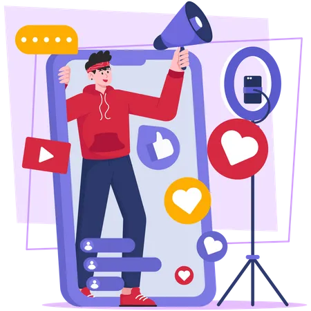 Influenceur masculin faisant du marketing en ligne  Illustration