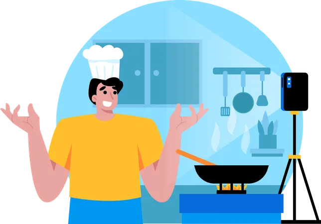 Un influenceur masculin se filme en train de cuisiner dans sa cuisine  Illustration