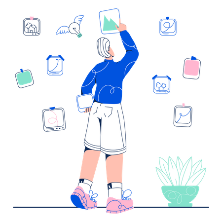 Influenceuse travaillant sur des publications sur les réseaux sociaux pour le marketing  Illustration