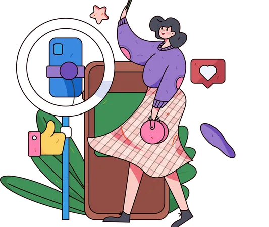 Influenciadora feminina ao vivo em site de mídia social  Ilustração