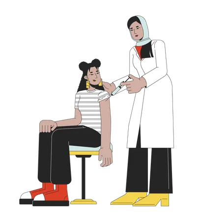 Influenza Vaccination Line Cartoon Flat Illustration Muslim Hijab Doctor Giving Flu Shot Latina Girl 2 D Lineart Characters Isolated On White Background Immunity Immunization Scene Vector Color Image Illustration