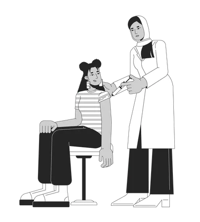 Influenza Vaccination Black And White Cartoon Flat Illustration Muslim Hijab Doctor Giving Flu Shot Latina Girl 2 D Lineart Characters Isolated Immunization Monochrome Scene Vector Outline Image Illustration