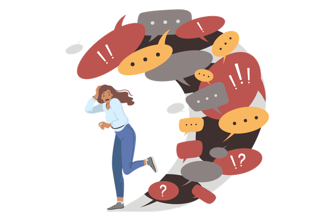 Information overload causes panic in woman fleeing wave of dialogue bubbles and conversation clouds  Illustration