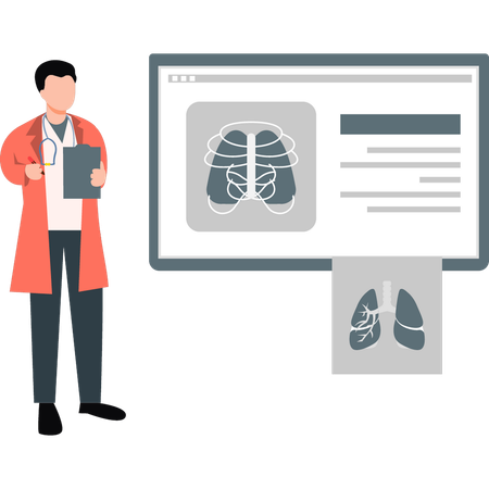 Médico varón que examina el informe de los pulmones en línea  Ilustración