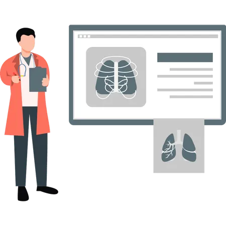 Médico varón que examina el informe de los pulmones en línea  Ilustración