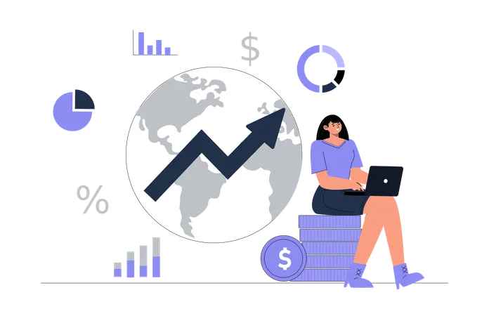 Niña elaborando un informe económico mundial  Ilustración