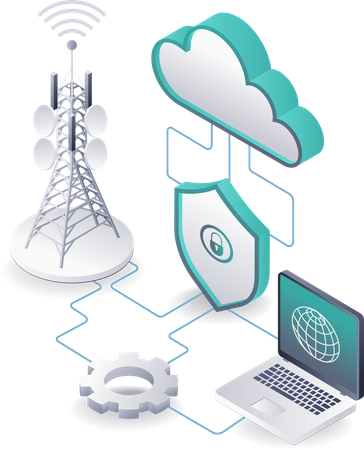 Infraestructura de torres y tecnología de servidores en la nube en redes de información globales  Ilustración