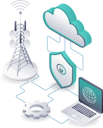 Infraestructura de torres y tecnología de servidores en la nube en redes de información globales  Ilustración