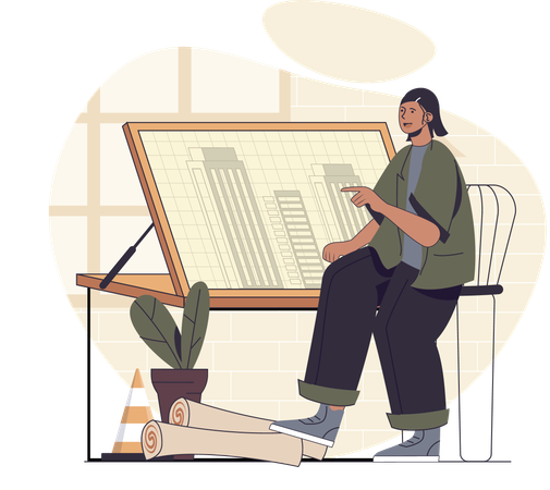 Ingeniera haciendo planos  Ilustración