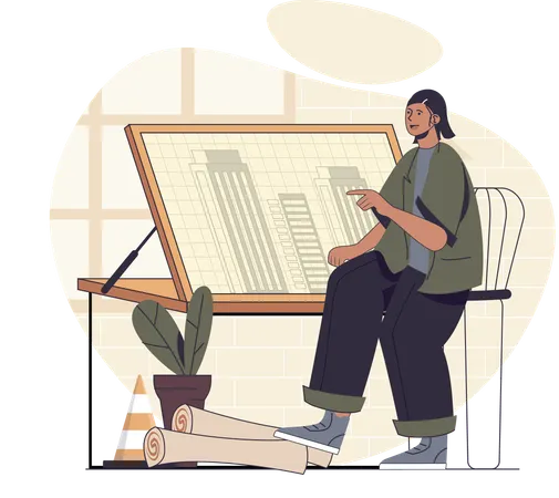 Ingeniera haciendo planos  Ilustración