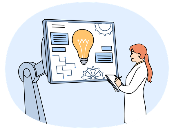 Ingeniera industrial trabajando en la creación de robótica de pie cerca de un monitor con engranajes  Ilustración