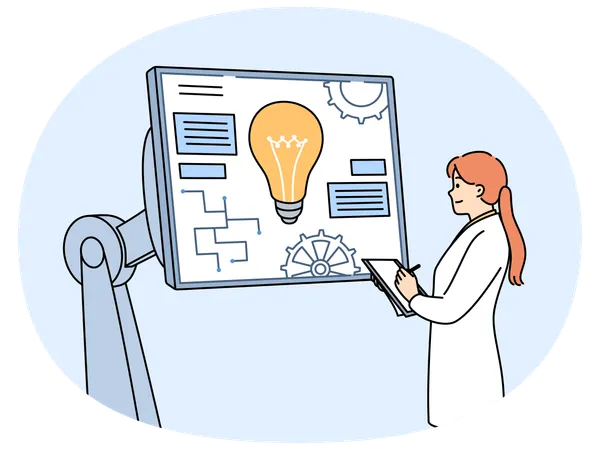 Ingeniera industrial trabajando en la creación de robótica de pie cerca de un monitor con engranajes  Ilustración