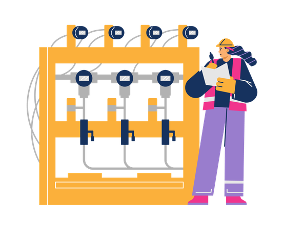 Ingeniera registrando datos de dispositivos de medición en una estación de tuberías  Ilustración