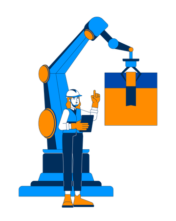 Ingeniera supervisando brazo robótico de embalaje  Ilustración