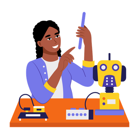 Ingeniera trabajando con robot  Ilustración
