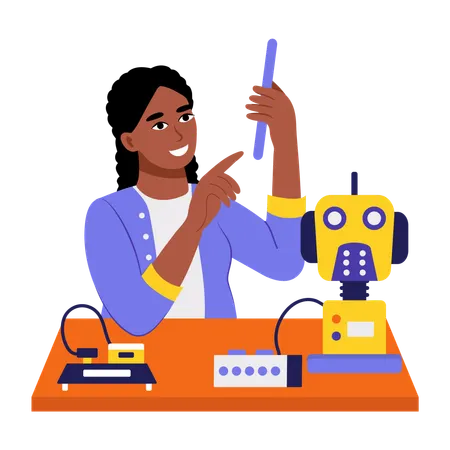 Ingeniera trabajando con robot  Ilustración