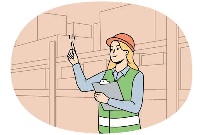 Ingeniera uniformada trabajando en un almacén  Ilustración