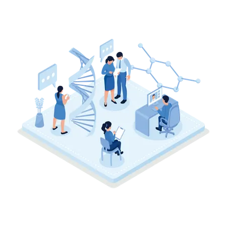 Personas de ingeniería genética investigan sobre el ADN en el laboratorio  Ilustración