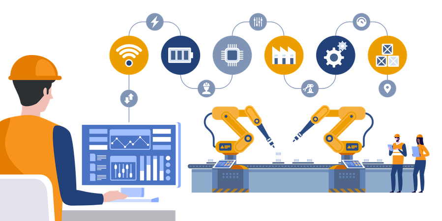 Ingeniero de brazos robóticos de automatización de control en fábrica inteligente en software de sistema de monitoreo en tiempo real  Illustration