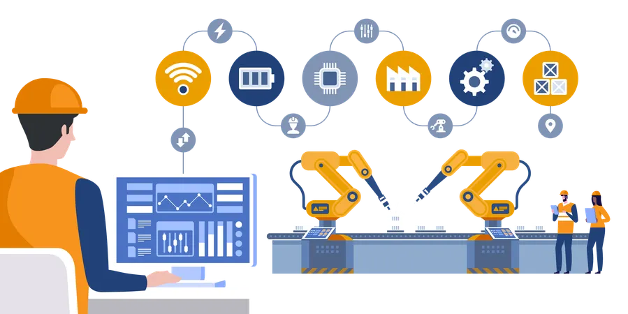Ingeniero de brazos robóticos de automatización de control en fábrica inteligente en software de sistema de monitoreo en tiempo real  Illustration