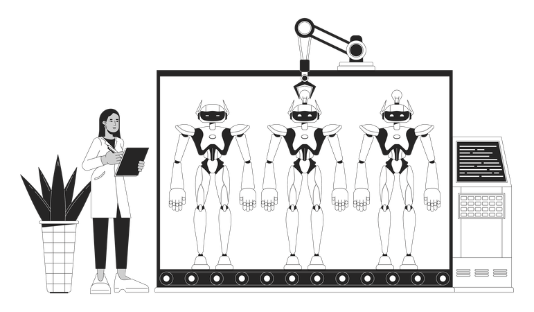 Ingeniero controlando máquinas en transportador  Ilustración