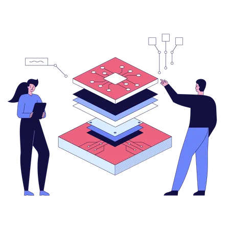 Ingeniero de fábrica de alta tecnología utiliza computadora para programación.  Ilustración