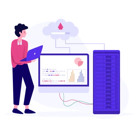 Ingeniero de nube masculino cargando datos  Ilustración