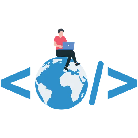 Ingeniero de software codificando en una computadora portátil sentado en un globo con símbolo de codificación  Ilustración