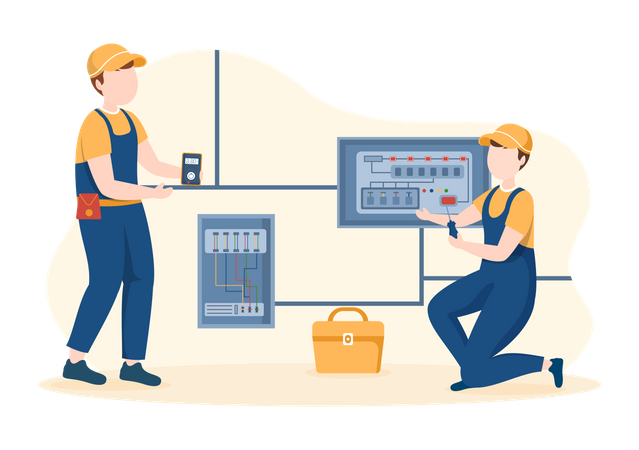 Ingeniero eléctrico reparando gabinete eléctrico  Ilustración