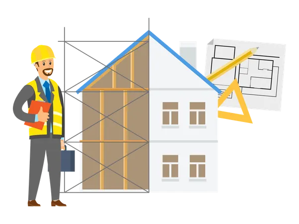 El ingeniero está construyendo una nueva casa.  Ilustración