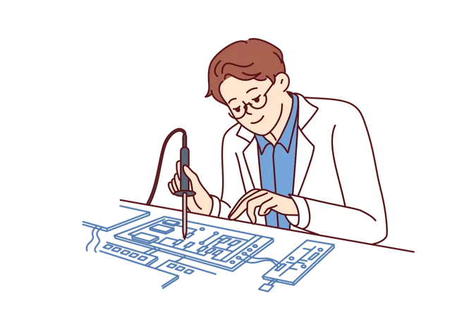 Ingeniero está soldando placa de computadora  Ilustración